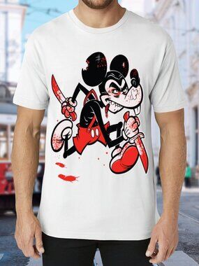 Graphic Horror Cartoon Tee in White, Black & Red